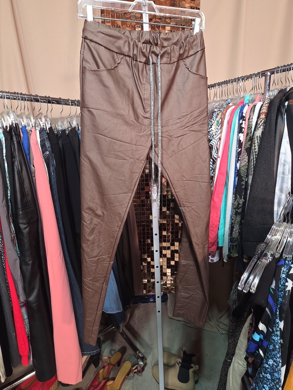Venti6 Made in Italy Metallic Brown Coated Trousers | Drawstring | Size M